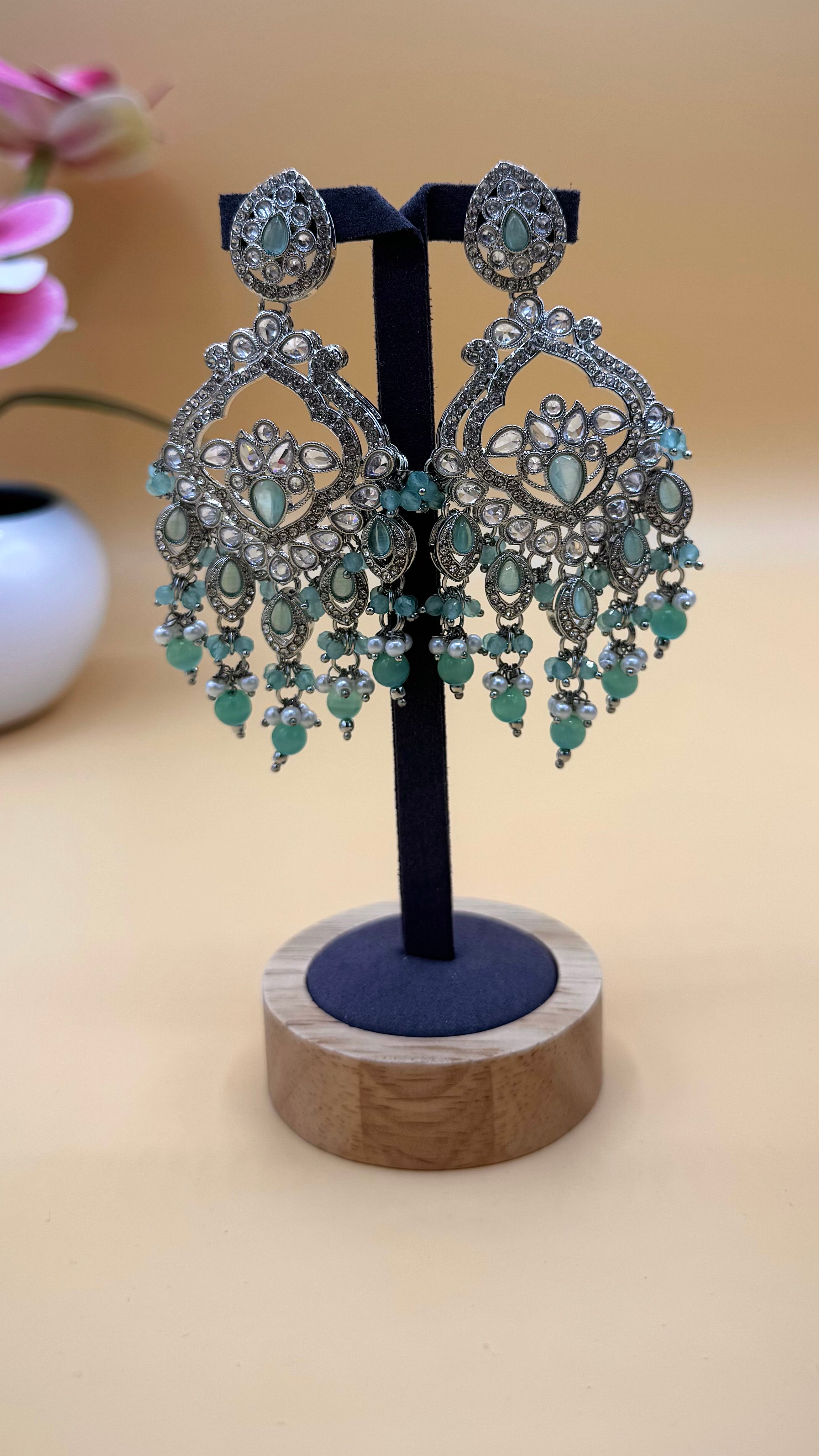 Mint Crystal Drop Earrings & Bindi Set