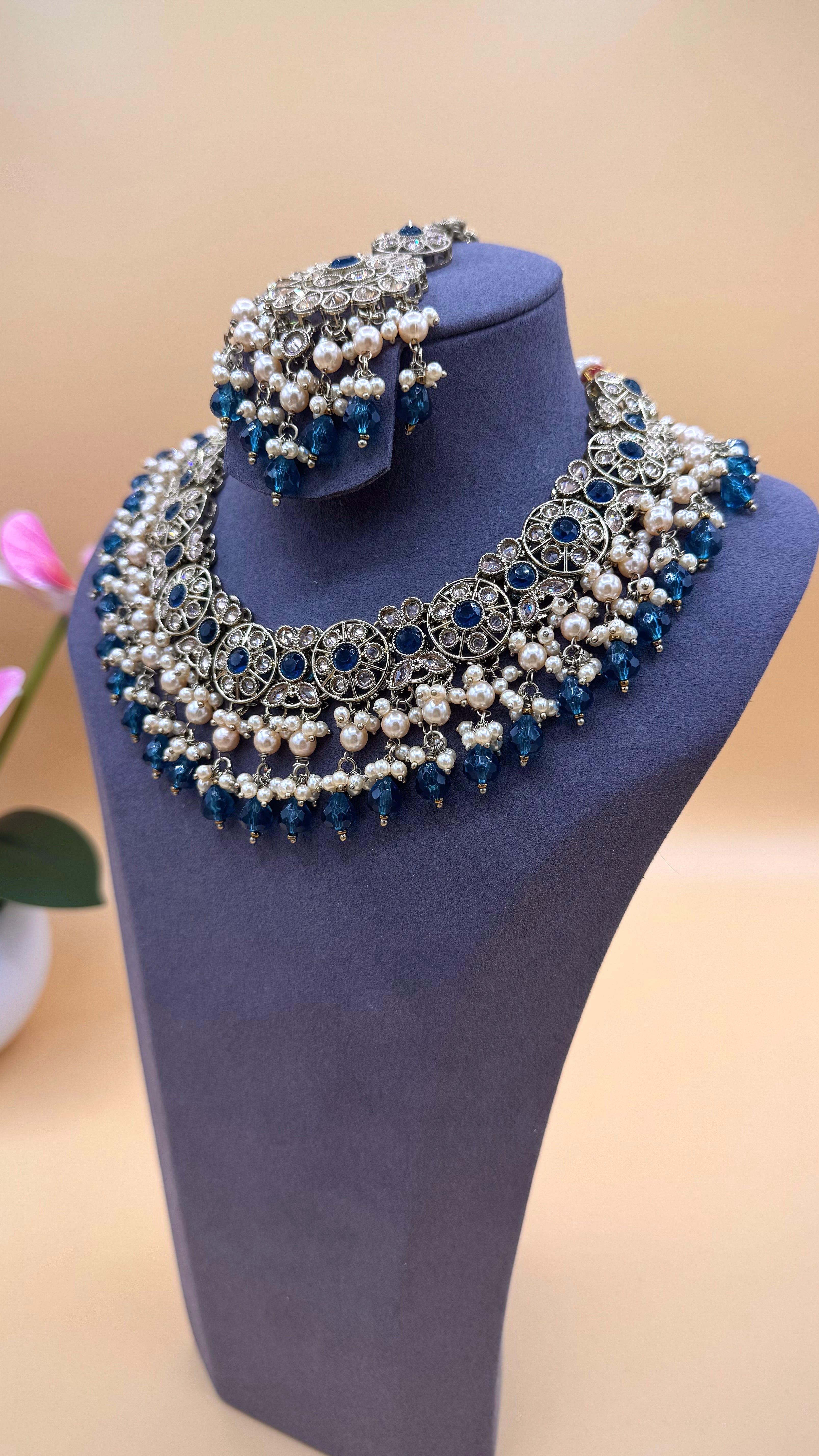 Royal Blue Pearl Necklace Set