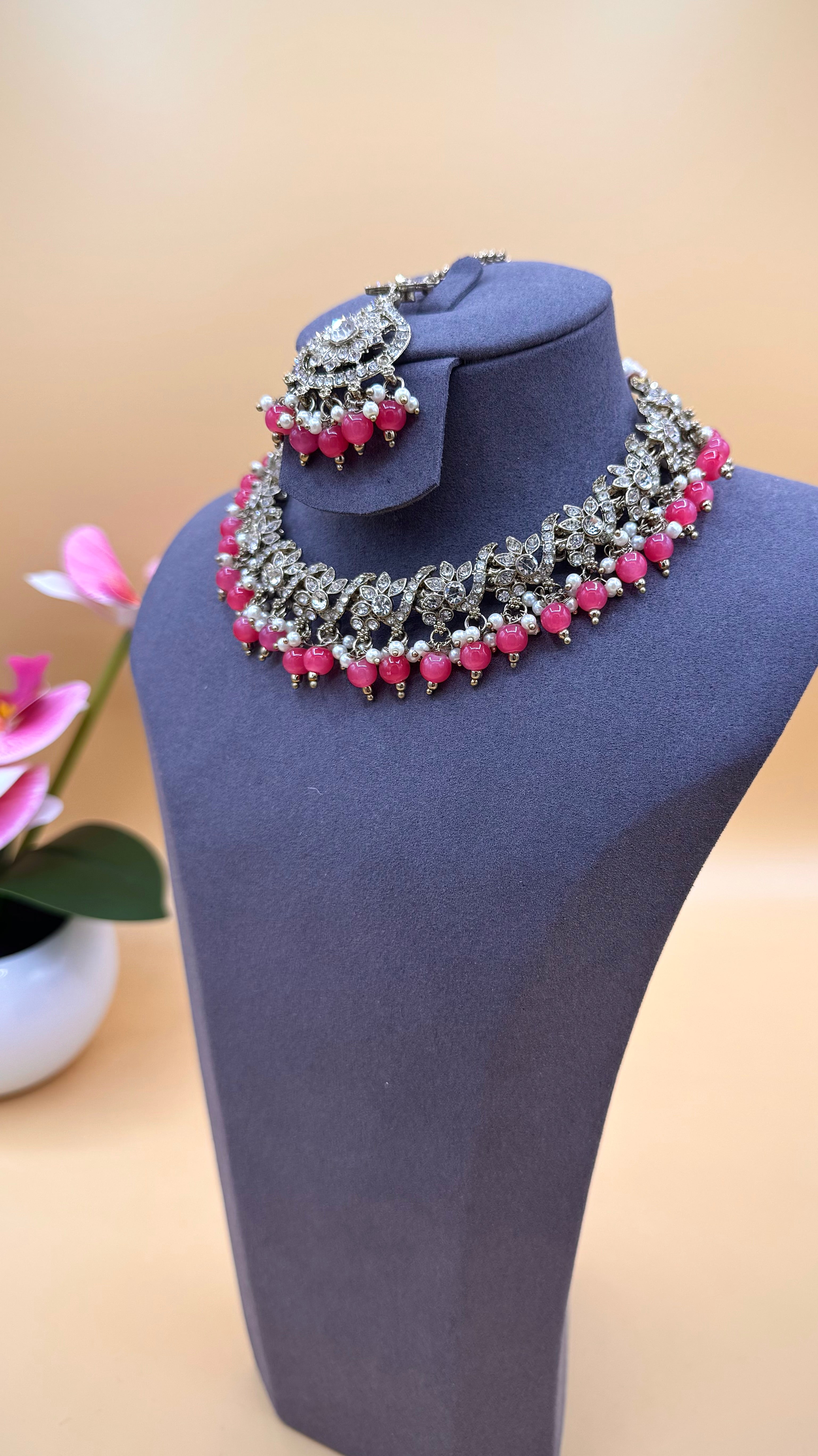 Pink Crystal Bloom Necklace Set