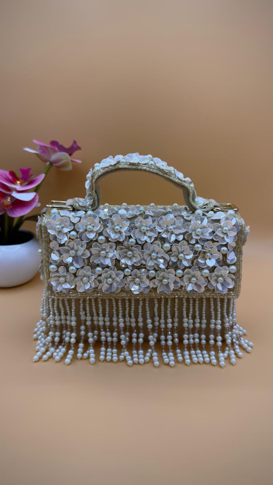 Floral & Pearl Tassel Bag – Gold