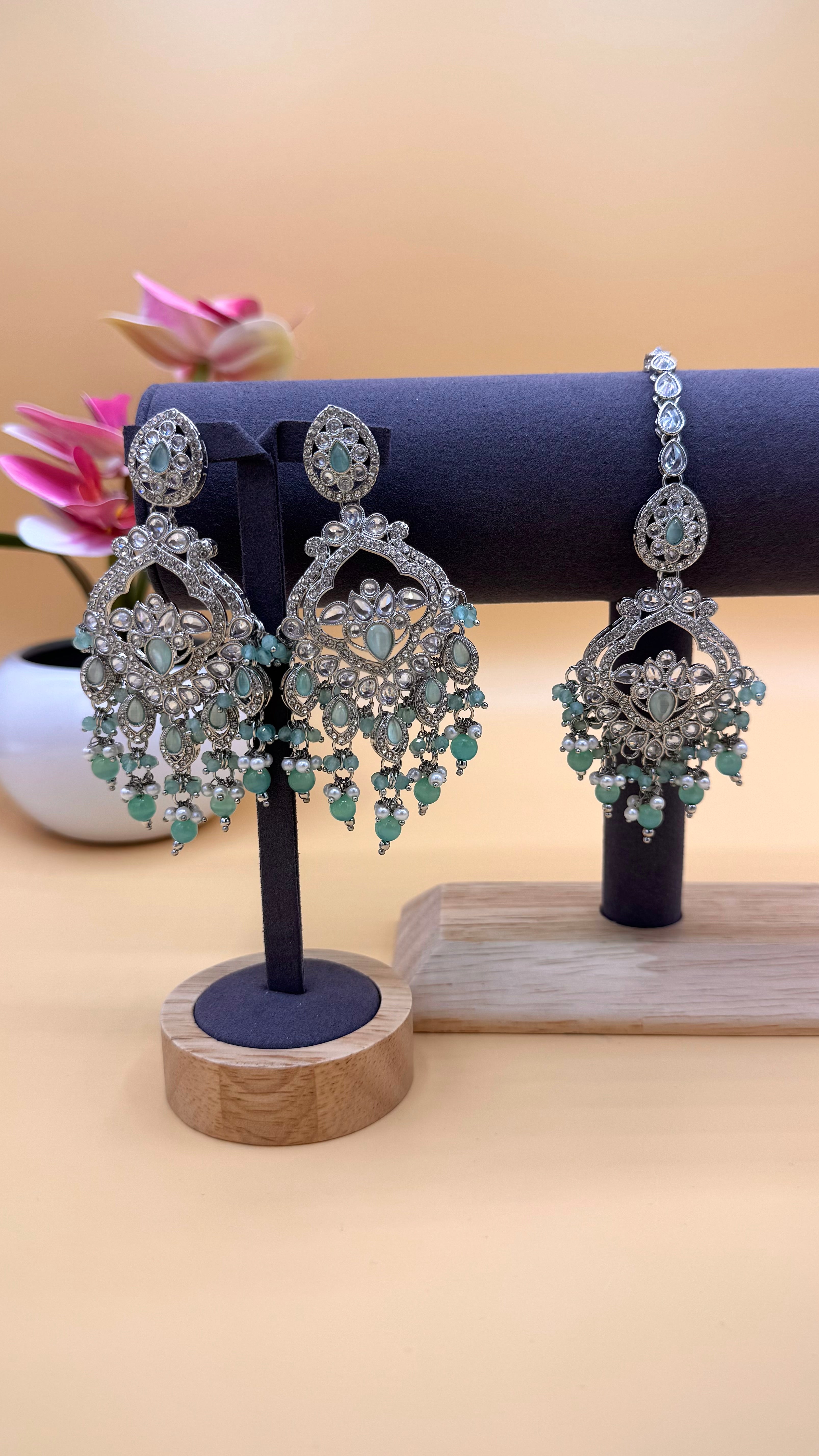 Mint Crystal Drop Earrings & Bindi Set