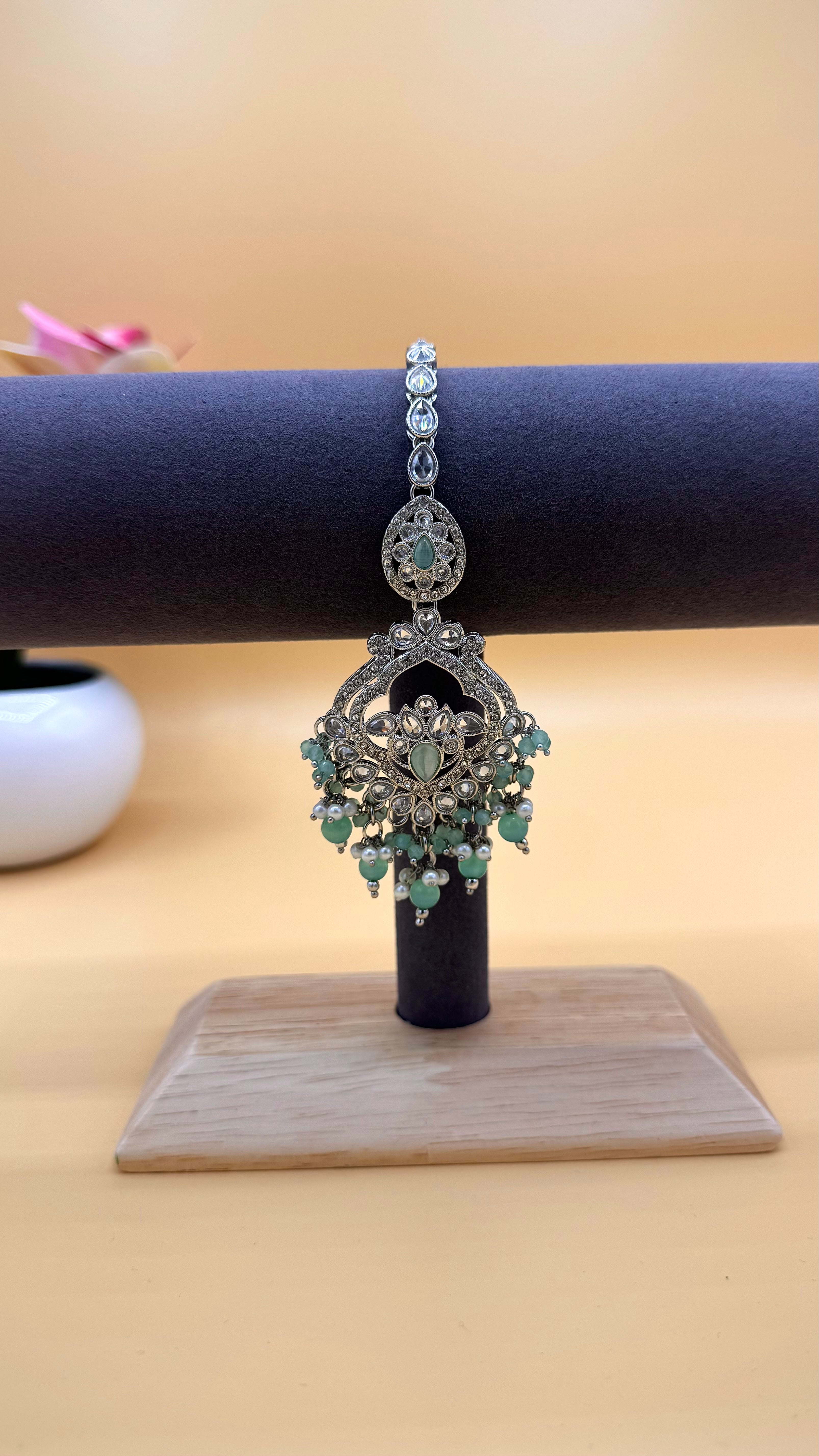 Mint Crystal Drop Earrings & Bindi Set