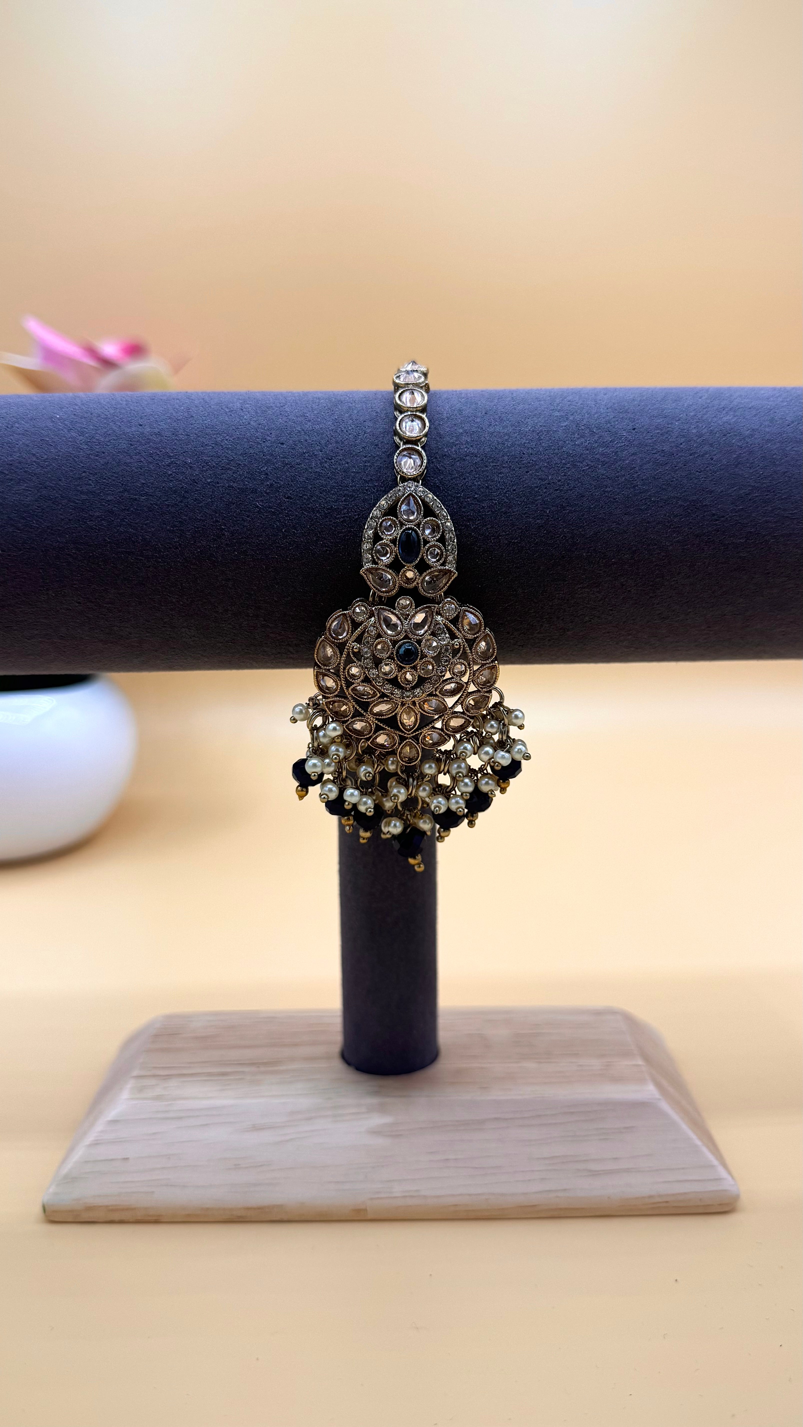 Midnight Blue Pearl Drop Earrings & Bindi Set