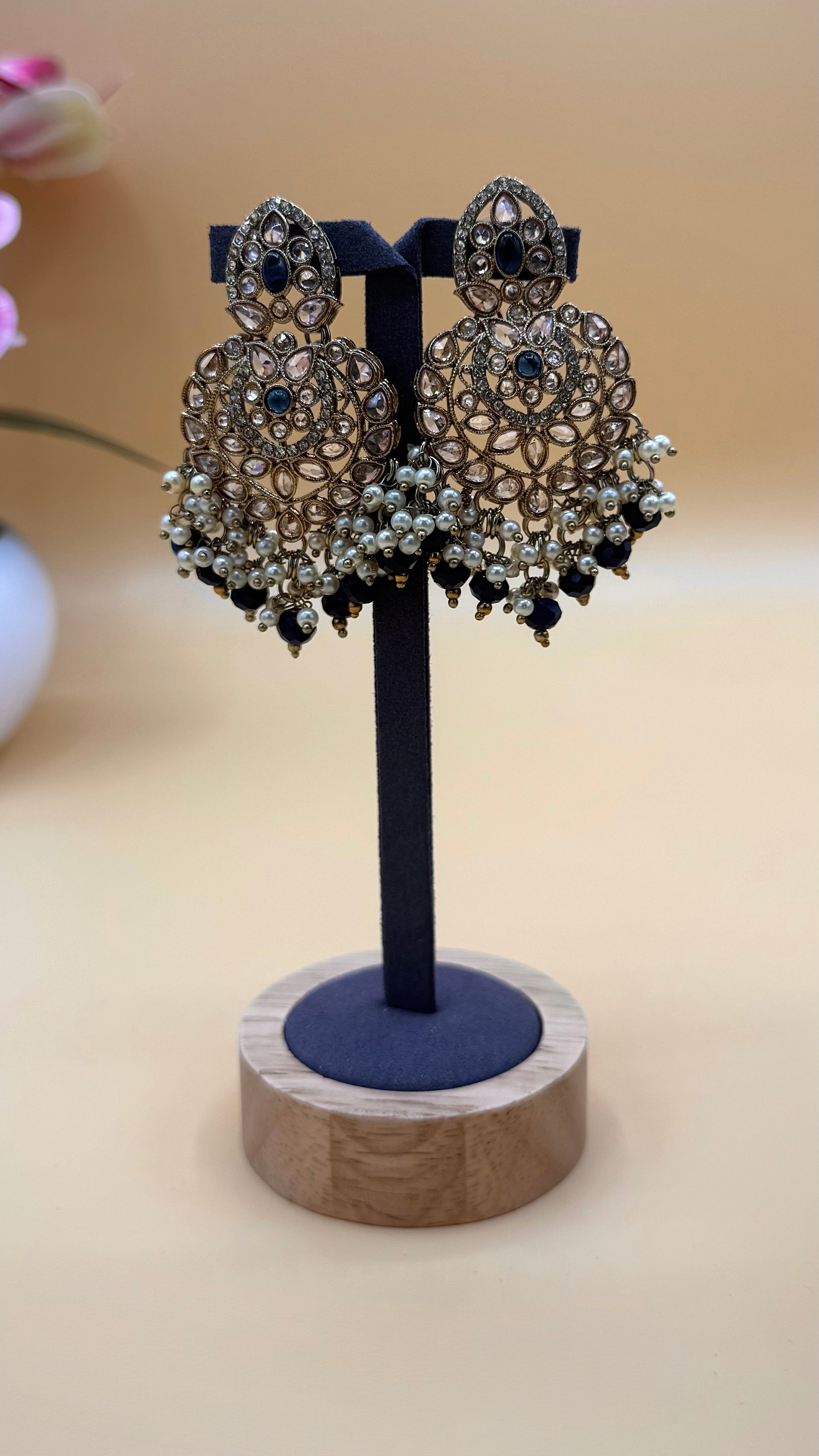 Midnight Blue Pearl Drop Earrings & Bindi Set