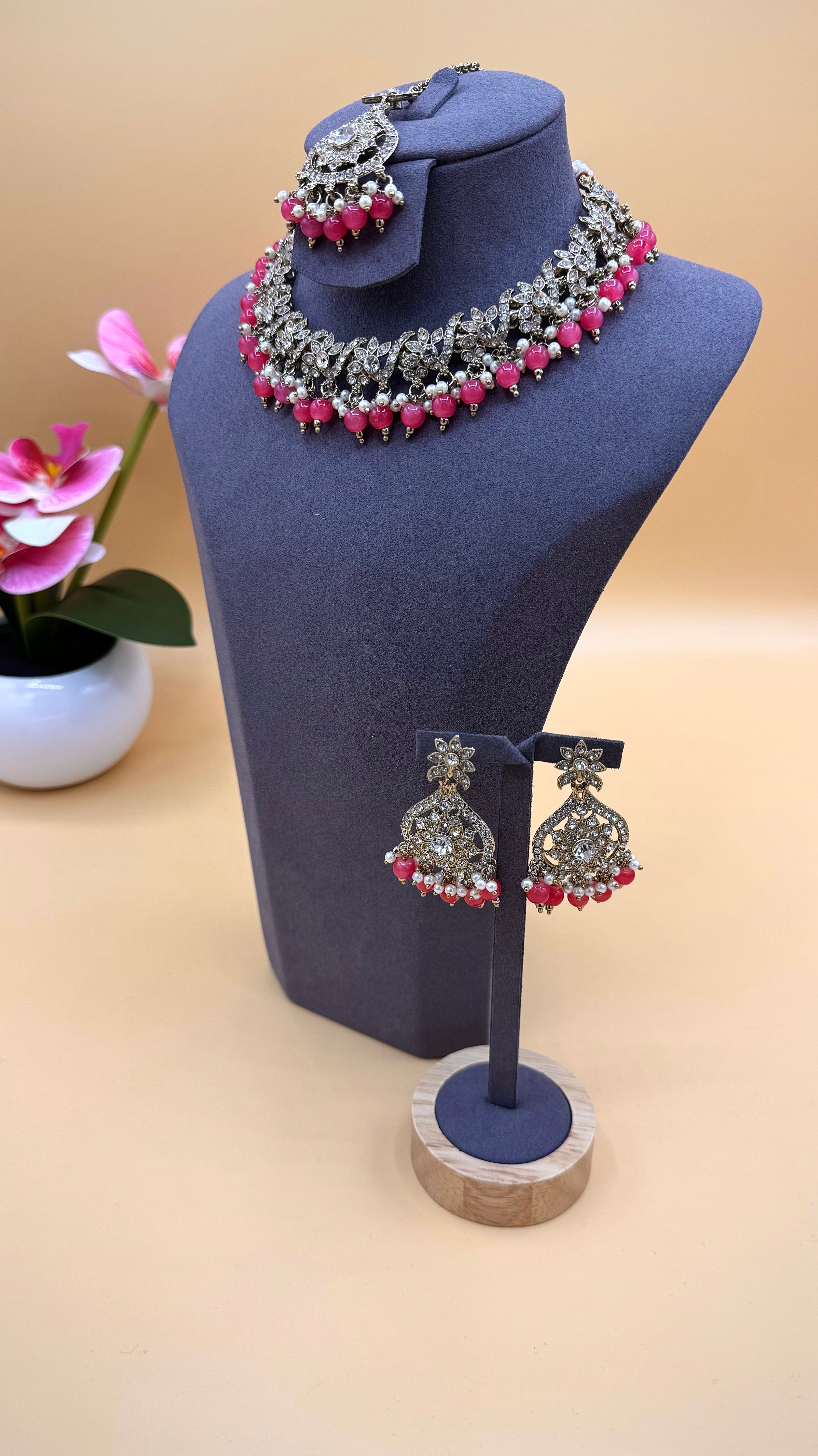 Pink Crystal Bloom Necklace Set