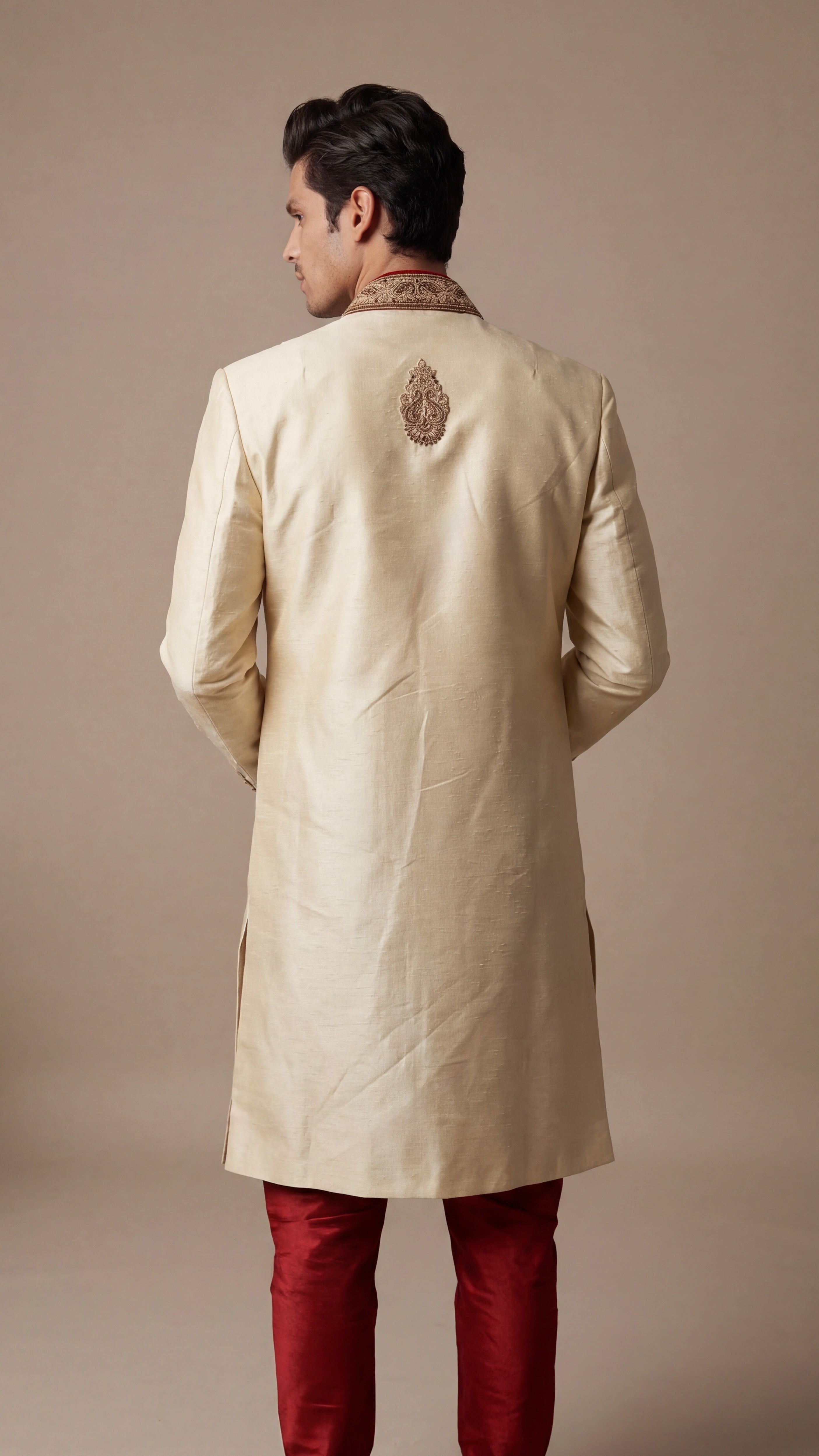 Cream Red Heritage Sherwani Set