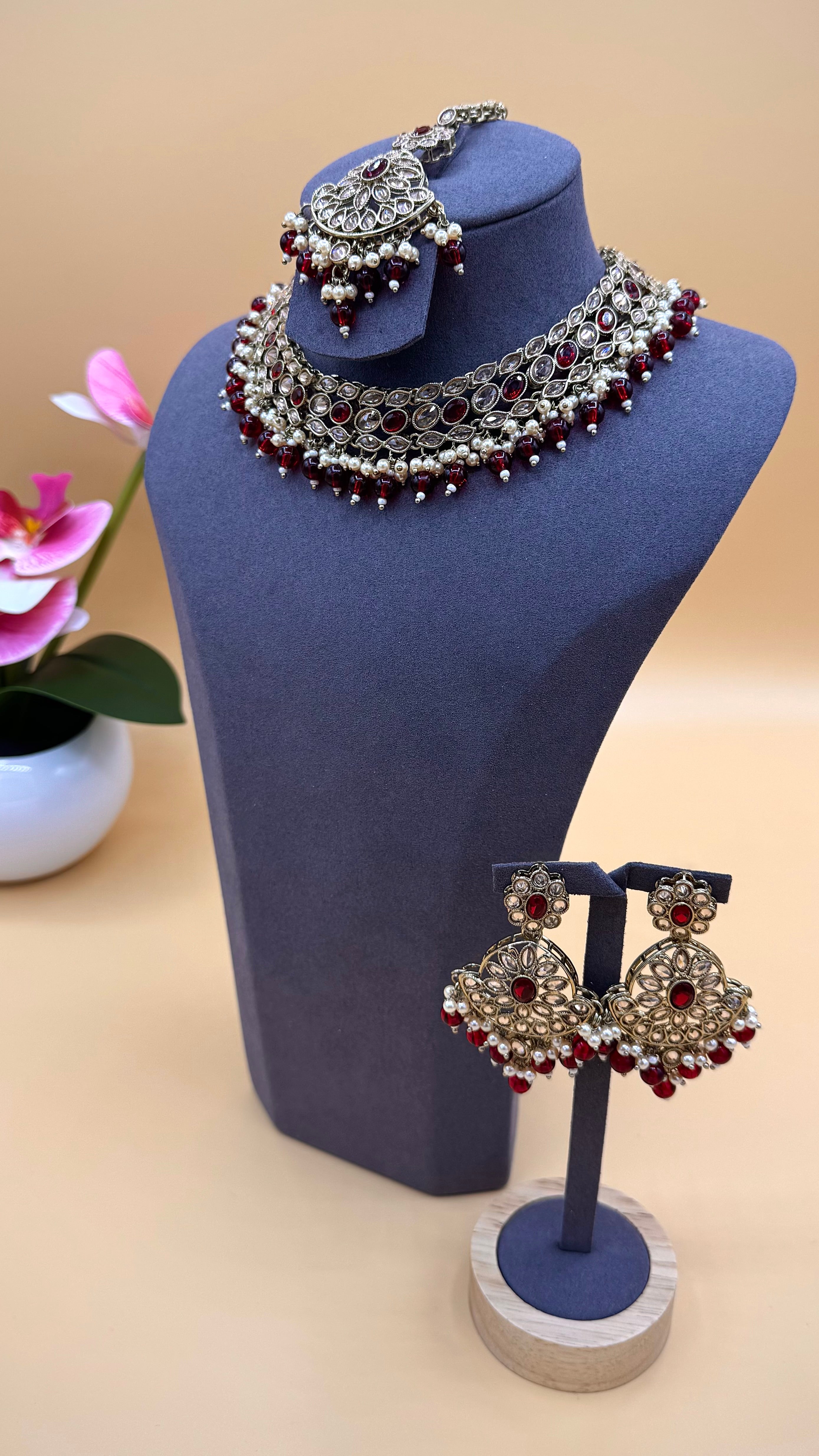 Ruby Pearl Necklace Set