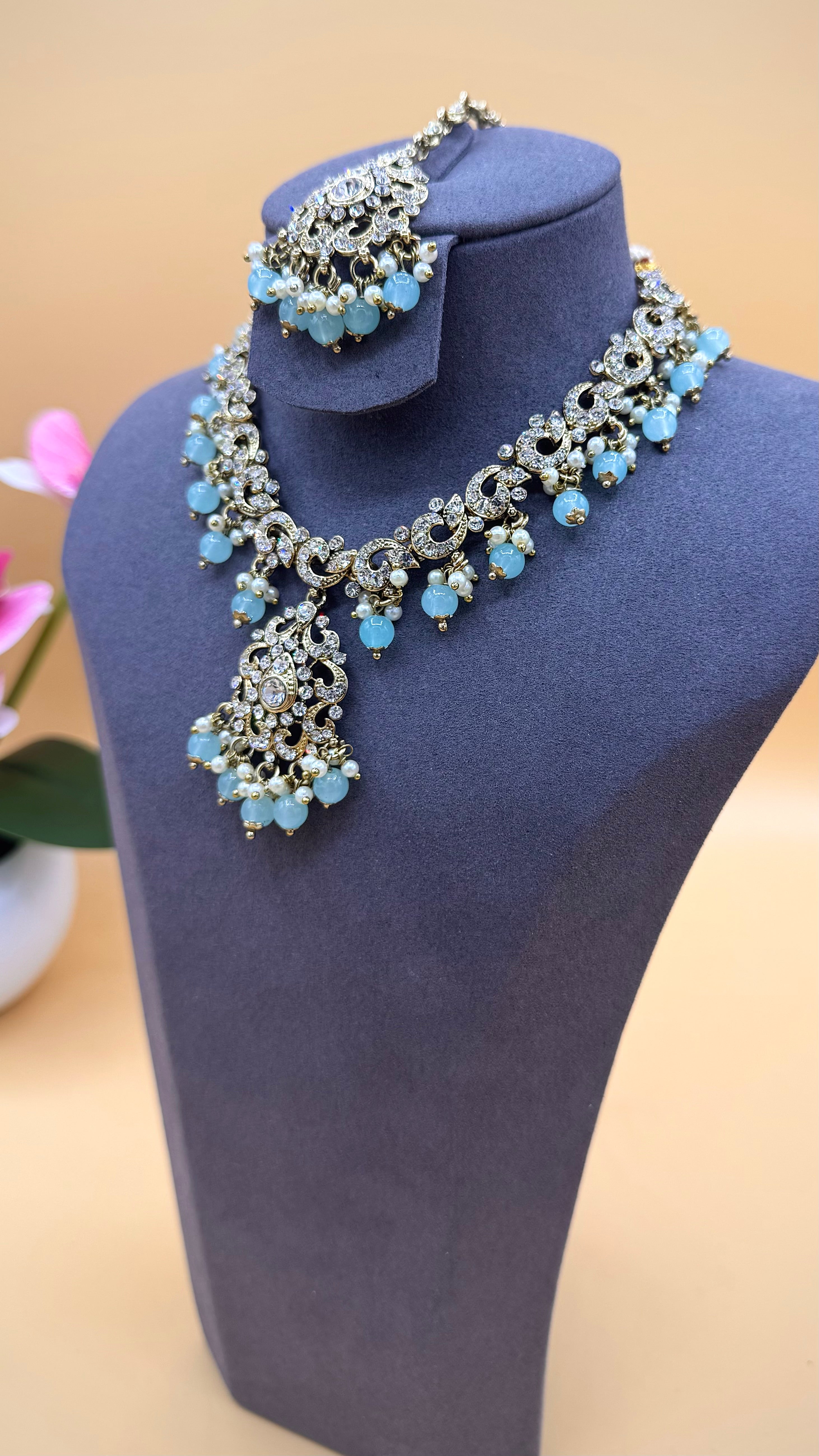Sky Blue Pearl Necklace Set