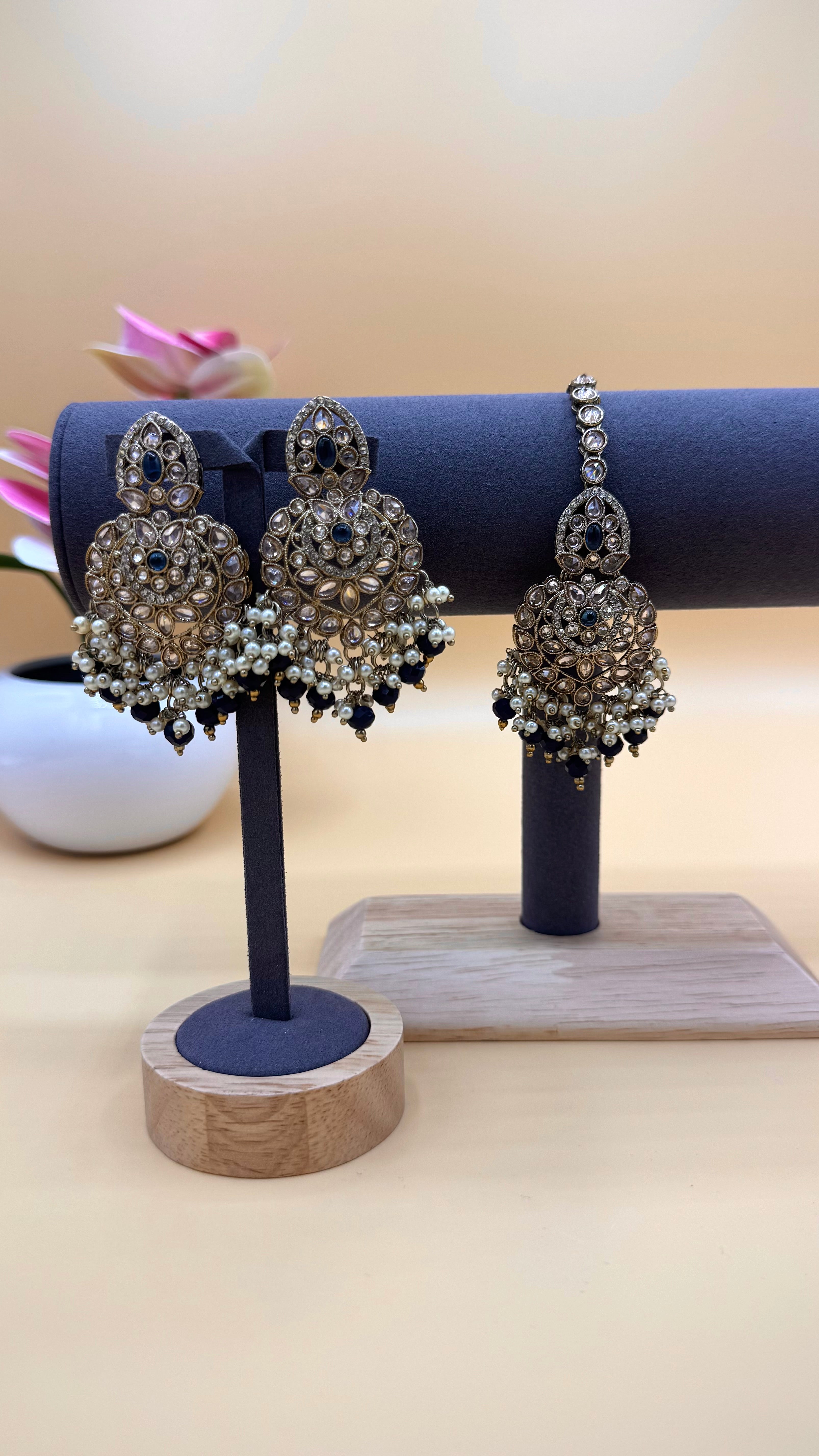 Midnight Blue Pearl Drop Earrings & Bindi Set