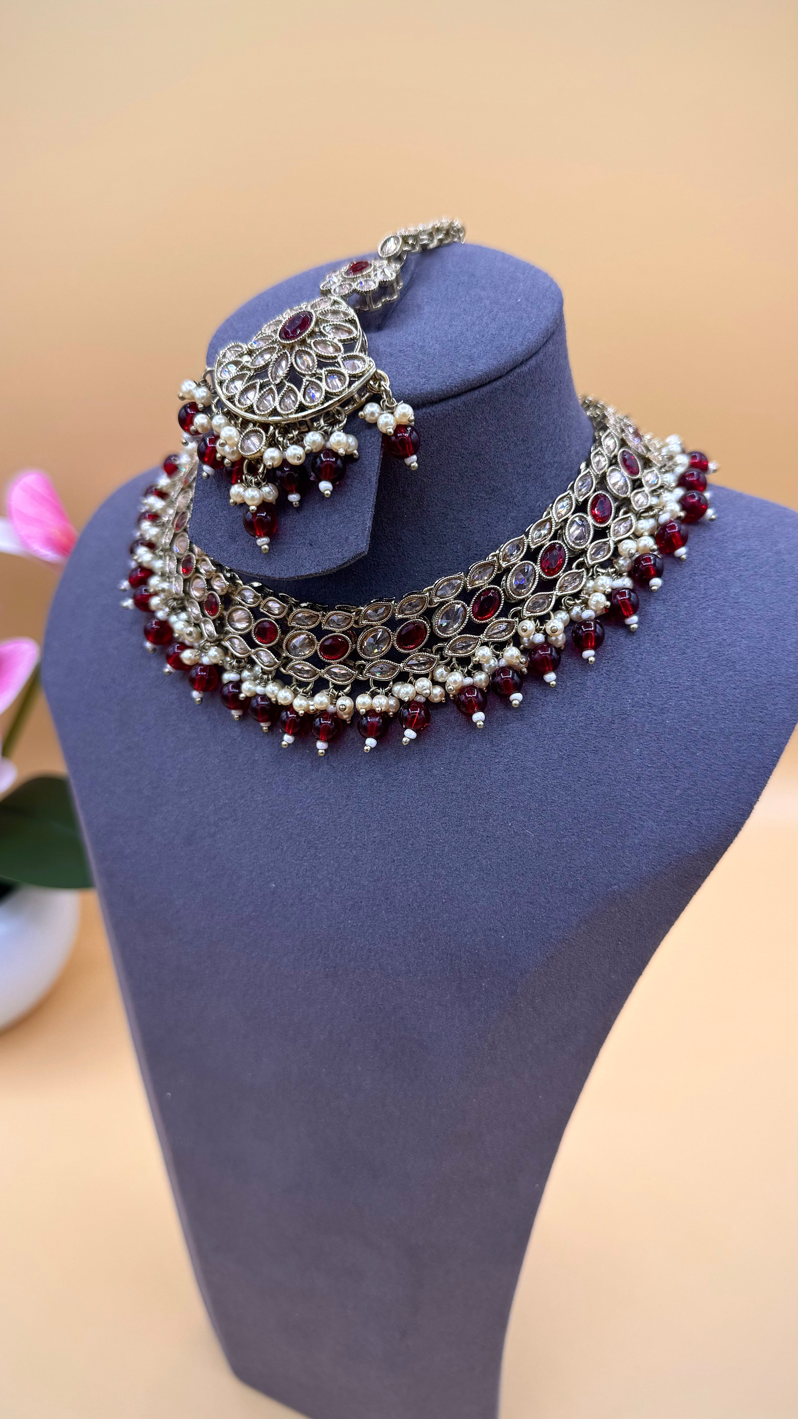 Ruby Pearl Necklace Set